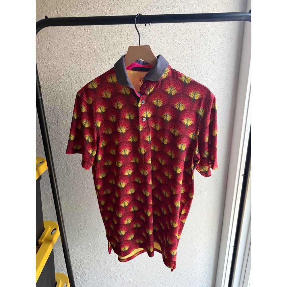 Greyson Mens Golf Polo Shirt Red Peacock Print Short Sleeve Small